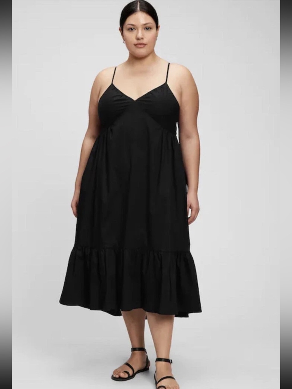 GAP Black Cotton Spaghetti Strap Tiered Midi Dress L Minimalist Capsule Cottage